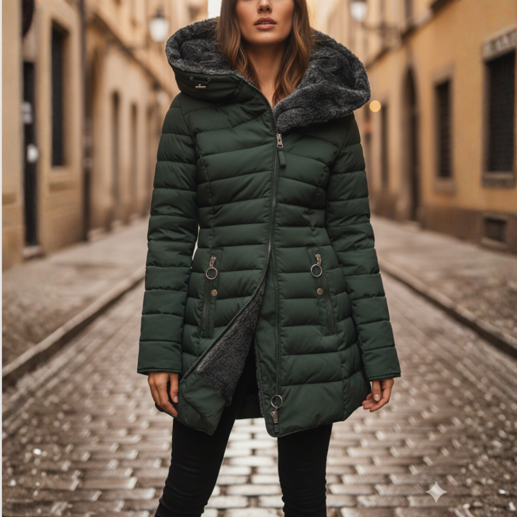 Women's Long Puffer Jacket with Hood | Quilted