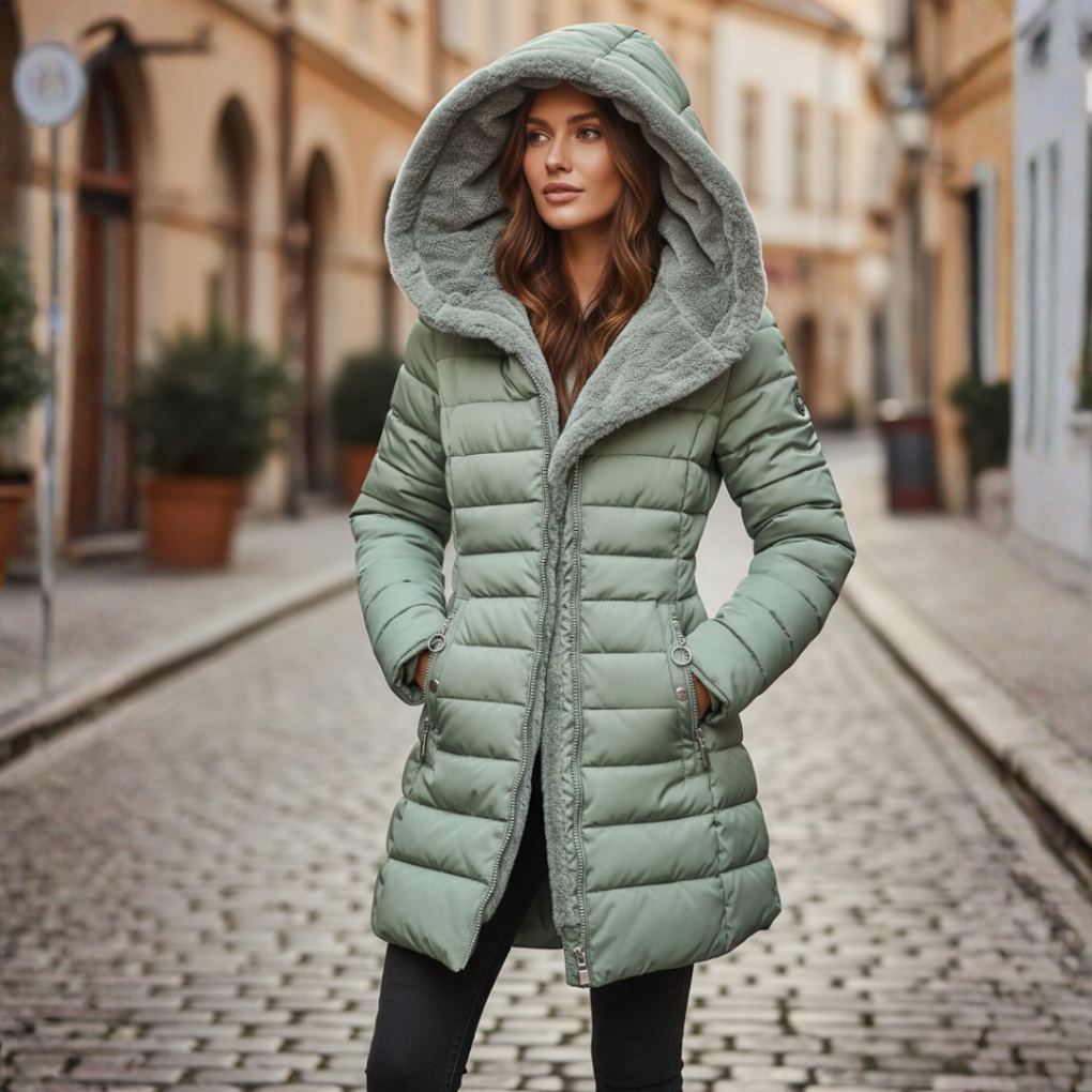 Women's Long Puffer Jacket with Hood | Quilted