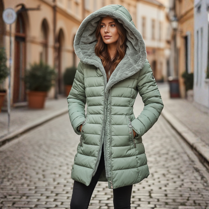Women's Long Puffer Jacket with Hood | Quilted